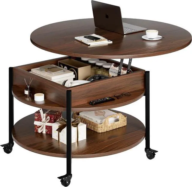 Main image of FABATO Round Lift Top Coffee Table with Wheels, Circle Center Table with Storage and Compartment, 26.77 Rolling Coffee Table for Living Room, 2 Tier Small Coffee Table Circle Dining Table, Espresso