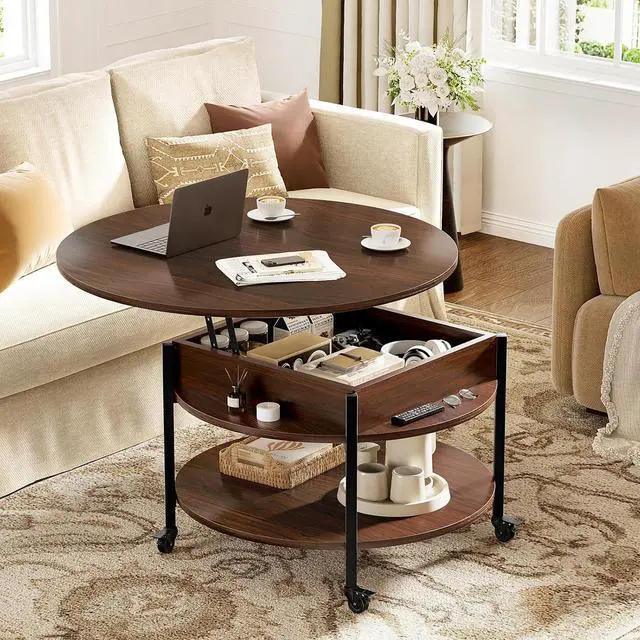 Alt view image 2 of 7 - FABATO Round Lift Top Coffee Table with Wheels, Circle Center Table with Storage and Compartment, 26.77 Rolling Coffee Table for Living Room, 2 Tier Small Coffee Table Circle Dining Table, Espresso
