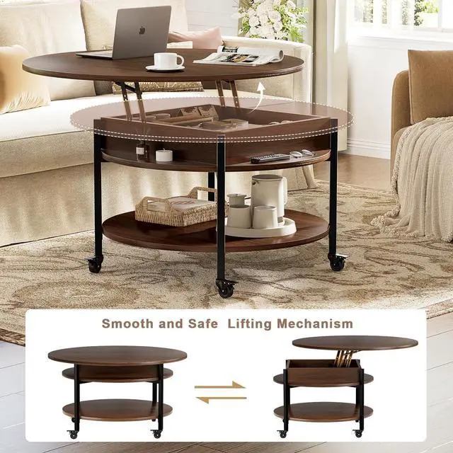 Alt view image 4 of 7 - FABATO Round Lift Top Coffee Table with Wheels, Circle Center Table with Storage and Compartment, 26.77 Rolling Coffee Table for Living Room, 2 Tier Small Coffee Table Circle Dining Table, Espresso