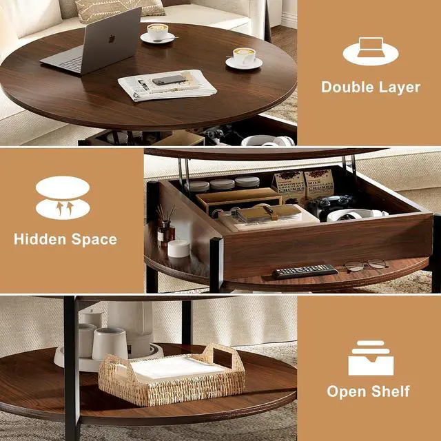 Alt view image 6 of 7 - FABATO Round Lift Top Coffee Table with Wheels, Circle Center Table with Storage and Compartment, 26.77 Rolling Coffee Table for Living Room, 2 Tier Small Coffee Table Circle Dining Table, Espresso
