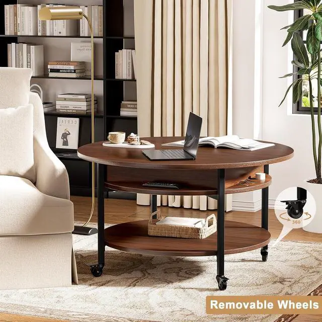 Alt view image 7 of 7 - FABATO Round Lift Top Coffee Table with Wheels, Circle Center Table with Storage and Compartment, 26.77 Rolling Coffee Table for Living Room, 2 Tier Small Coffee Table Circle Dining Table, Espresso