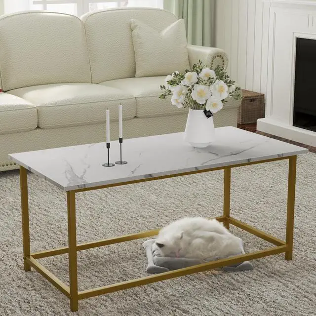 Alt view image 2 of 7 - SAYGOER White Faux Marble Coffee Table Simple Modern Rectangular Coffee Tables Open Design Minimalist Center Table for Living Room Office, 39.37 x 19.69 x 17.72, White Gold