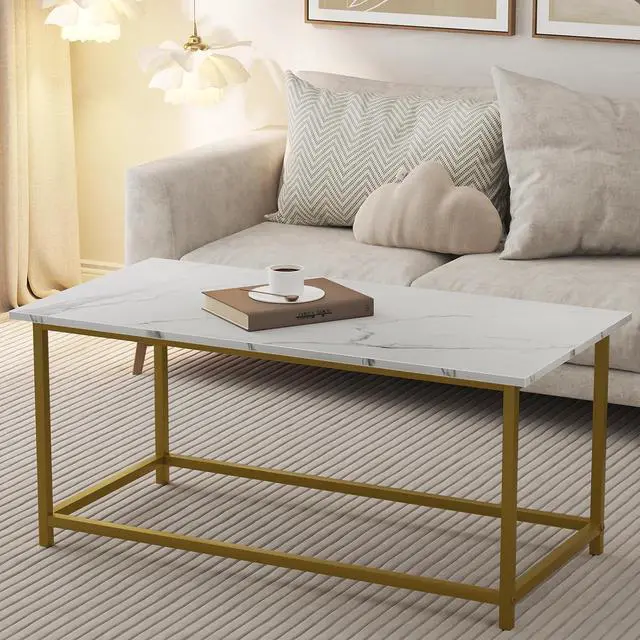 Alt view image 5 of 7 - SAYGOER White Faux Marble Coffee Table Simple Modern Rectangular Coffee Tables Open Design Minimalist Center Table for Living Room Office, 39.37 x 19.69 x 17.72, White Gold
