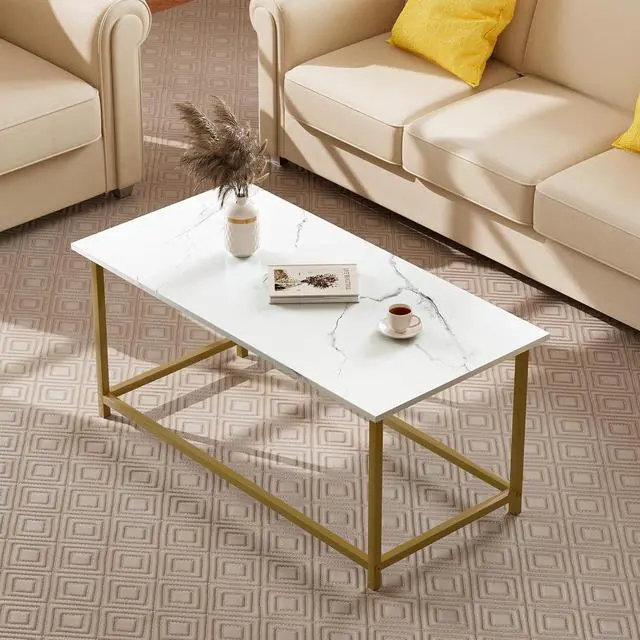Alt view image 6 of 7 - SAYGOER White Faux Marble Coffee Table Simple Modern Rectangular Coffee Tables Open Design Minimalist Center Table for Living Room Office, 39.37 x 19.69 x 17.72, White Gold