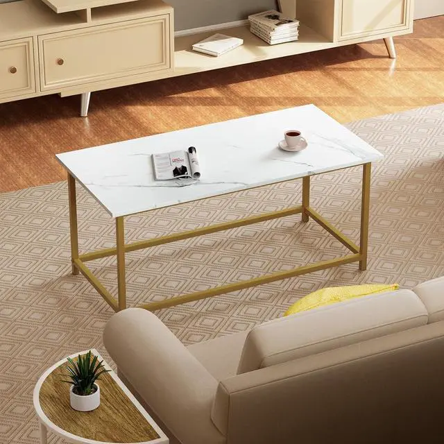 Alt view image 7 of 7 - SAYGOER White Faux Marble Coffee Table Simple Modern Rectangular Coffee Tables Open Design Minimalist Center Table for Living Room Office, 39.37 x 19.69 x 17.72, White Gold