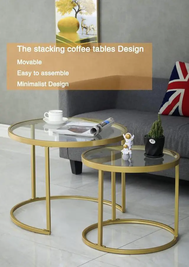 Alt view image 6 of 7 - Round Nesting Coffee Table Gold Set of 2 for Living Room, Modern Side Tables with Sturdy Metal Frame and Tempered Glass.Minimalist End Table,Cocktail Table for Dining Room,Home Decor