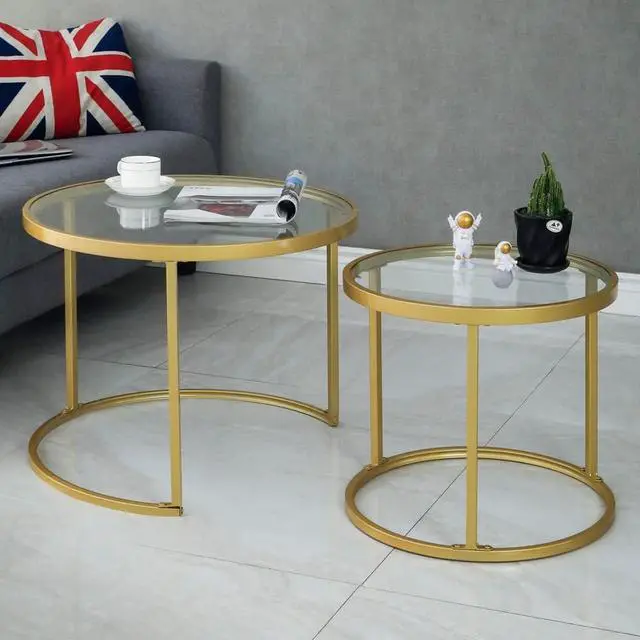 Alt view image 7 of 7 - Round Nesting Coffee Table Gold Set of 2 for Living Room, Modern Side Tables with Sturdy Metal Frame and Tempered Glass.Minimalist End Table,Cocktail Table for Dining Room,Home Decor