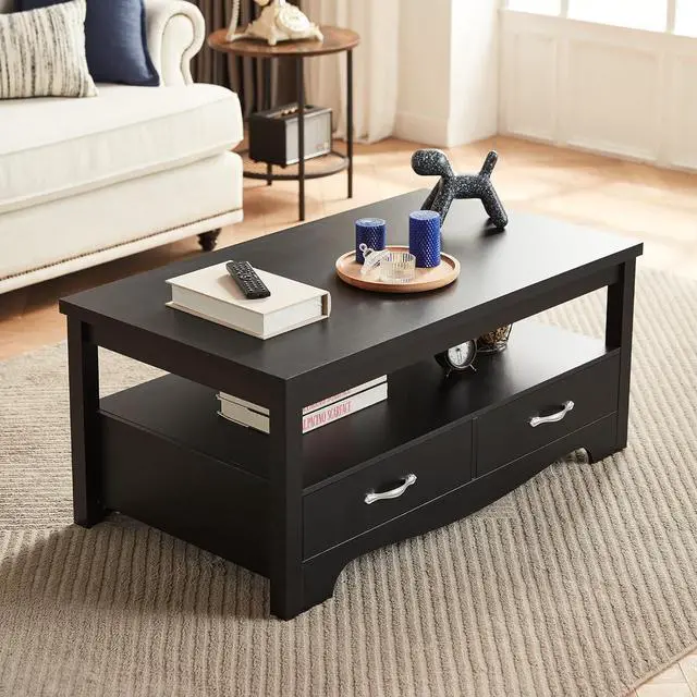 Alt view image 2 of 7 - LINSY HOME Farmhouse Coffee Table with Storage, Wood Coffee Table for Living Room, Open Display Area and Storage Drawers with Metal Handles, Chic Style with Curved Base, Black