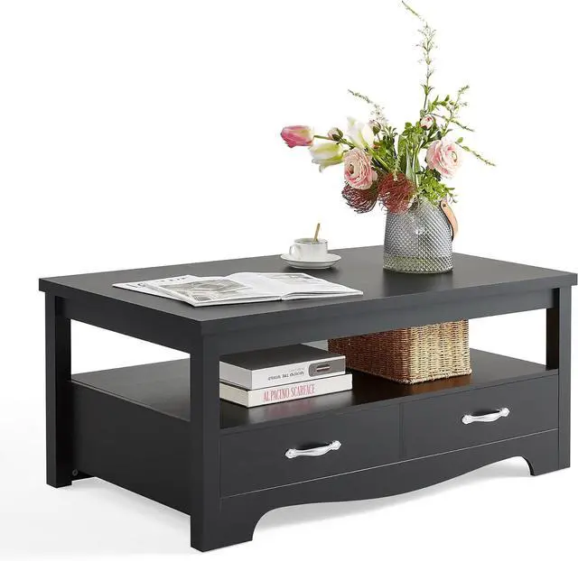 Main image of LINSY HOME Farmhouse Coffee Table with Storage, Wood Coffee Table for Living Room, Open Display Area and Storage Drawers with Metal Handles, Chic Style with Curved Base, Black