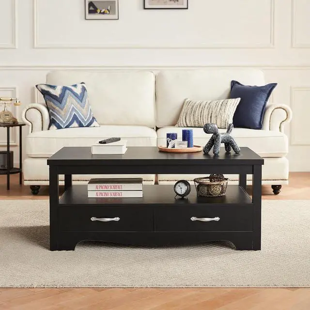 Alt view image 7 of 7 - LINSY HOME Farmhouse Coffee Table with Storage, Wood Coffee Table for Living Room, Open Display Area and Storage Drawers with Metal Handles, Chic Style with Curved Base, Black