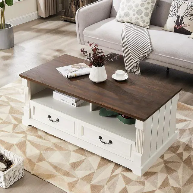 Alt view image 3 of 7 - 48'' Wood Coffee Table for Living Room, Farmhouse Coffee Table with Storage, Rustic Center Table for Living Room with 4 Drawers, Farmhouse & Industrial Cocktail Table for Home