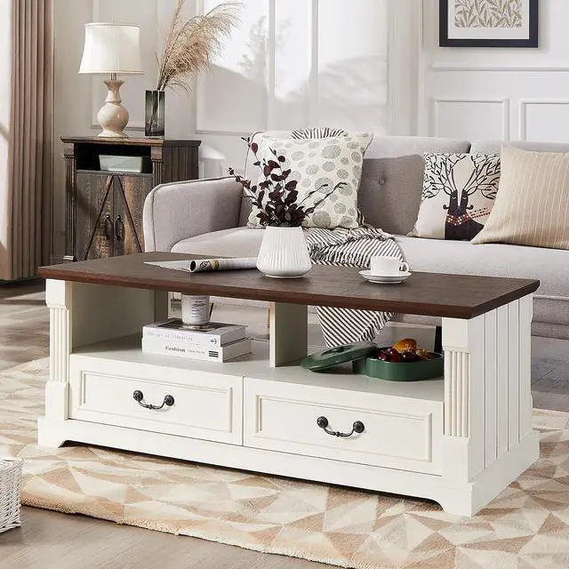 Main image of 48'' Wood Coffee Table for Living Room, Farmhouse Coffee Table with Storage, Rustic Center Table for Living Room with 4 Drawers, Farmhouse & Industrial Cocktail Table for Home
