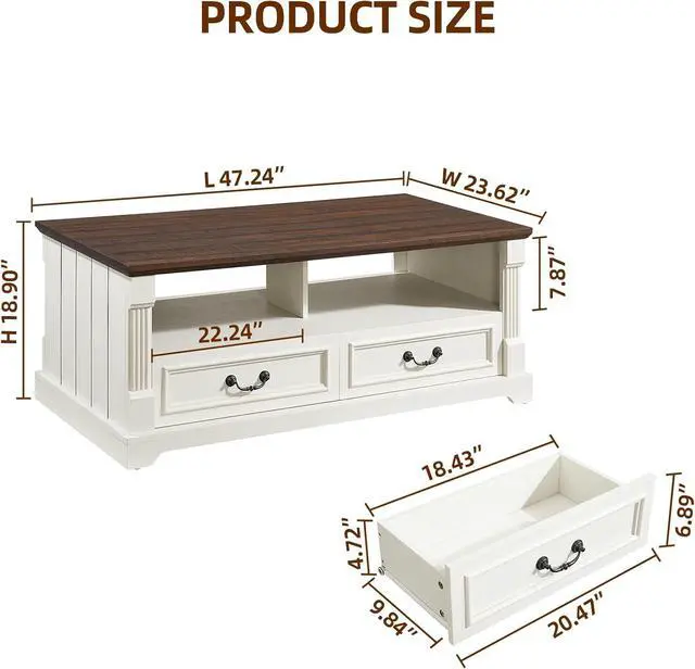 Alt view image 2 of 7 - 48'' Wood Coffee Table for Living Room, Farmhouse Coffee Table with Storage, Rustic Center Table for Living Room with 4 Drawers, Farmhouse & Industrial Cocktail Table for Home
