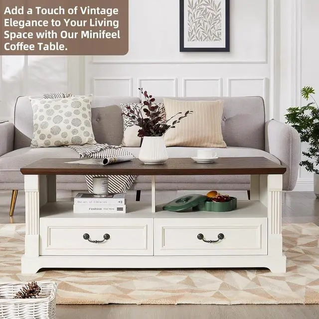 Alt view image 7 of 7 - 48'' Wood Coffee Table for Living Room, Farmhouse Coffee Table with Storage, Rustic Center Table for Living Room with 4 Drawers, Farmhouse & Industrial Cocktail Table for Home