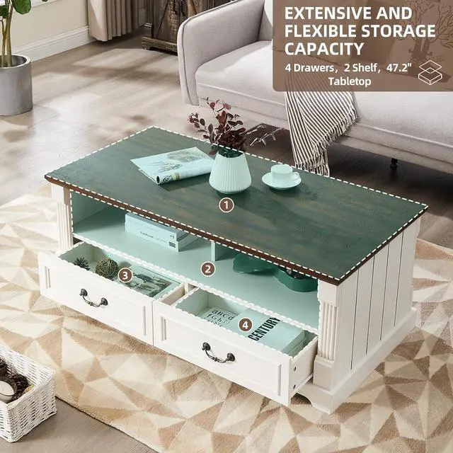 Alt view image 4 of 7 - 48'' Wood Coffee Table for Living Room, Farmhouse Coffee Table with Storage, Rustic Center Table for Living Room with 4 Drawers, Farmhouse & Industrial Cocktail Table for Home