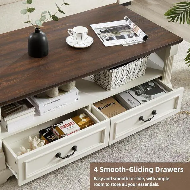 Alt view image 5 of 7 - 48'' Wood Coffee Table for Living Room, Farmhouse Coffee Table with Storage, Rustic Center Table for Living Room with 4 Drawers, Farmhouse & Industrial Cocktail Table for Home