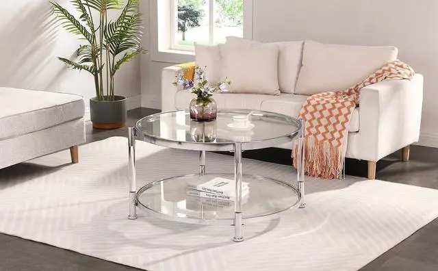 Alt view image 3 of 7 - Tempered Glass Round Coffee Table, 32.3" Modern Acrylic Legs Circle Coffee Table for Living Room
