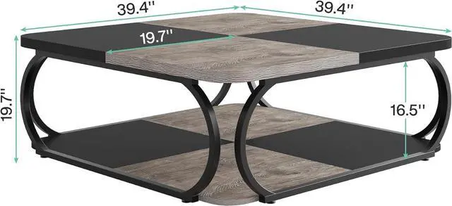 Alt view image 2 of 7 - Tribesigns Coffee Table with Open Storage Shelf for Living Room, 39 Inch Large Wood Center Table Square Low Coffee Tables 2 Tier Farmhouse Tea Table with Metal Frame for Home Office, Black Rustic Grey