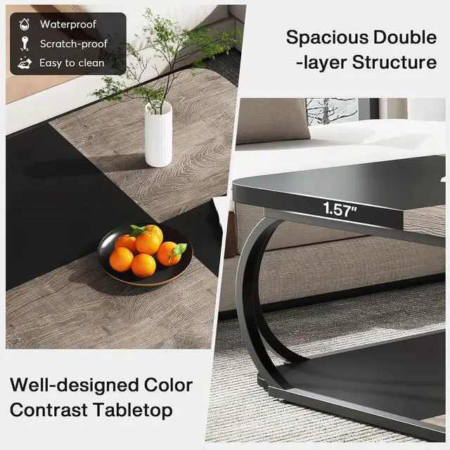 Alt view image 5 of 7 - Tribesigns Coffee Table with Open Storage Shelf for Living Room, 39 Inch Large Wood Center Table Square Low Coffee Tables 2 Tier Farmhouse Tea Table with Metal Frame for Home Office, Black Rustic Grey