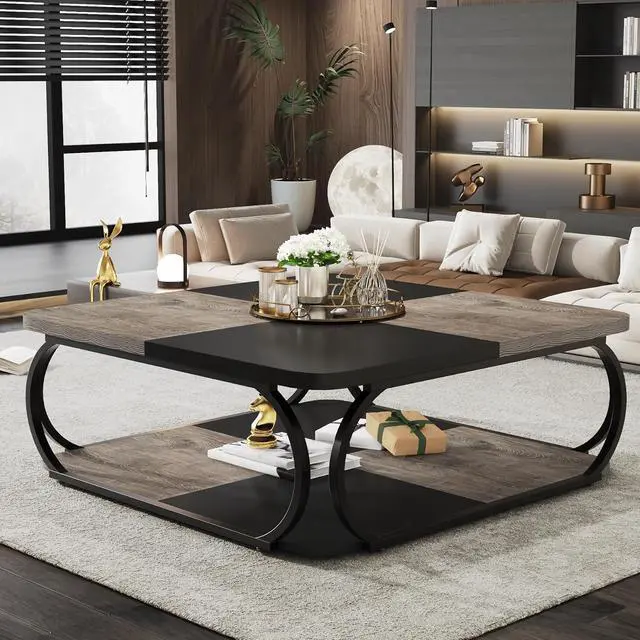 Alt view image 3 of 7 - Tribesigns Coffee Table with Open Storage Shelf for Living Room, 39 Inch Large Wood Center Table Square Low Coffee Tables 2 Tier Farmhouse Tea Table with Metal Frame for Home Office, Black Rustic Grey