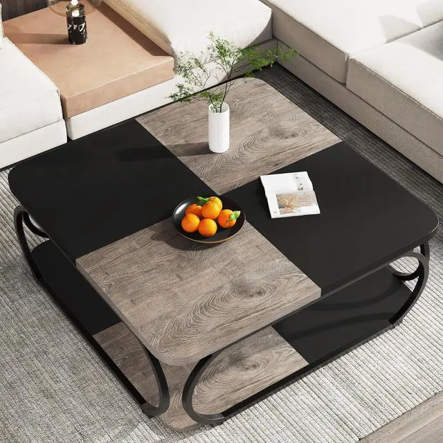 Alt view image 4 of 7 - Tribesigns Coffee Table with Open Storage Shelf for Living Room, 39 Inch Large Wood Center Table Square Low Coffee Tables 2 Tier Farmhouse Tea Table with Metal Frame for Home Office, Black Rustic Grey