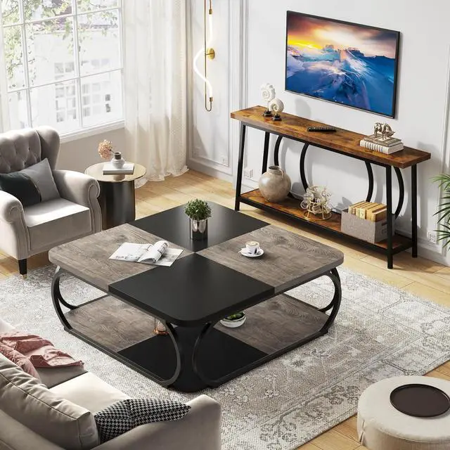 Alt view image 7 of 7 - Tribesigns Coffee Table with Open Storage Shelf for Living Room, 39 Inch Large Wood Center Table Square Low Coffee Tables 2 Tier Farmhouse Tea Table with Metal Frame for Home Office, Black Rustic Grey
