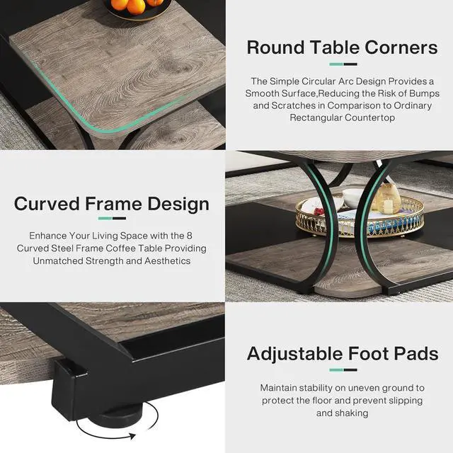 Alt view image 6 of 7 - Tribesigns Coffee Table with Open Storage Shelf for Living Room, 39 Inch Large Wood Center Table Square Low Coffee Tables 2 Tier Farmhouse Tea Table with Metal Frame for Home Office, Black Rustic Grey