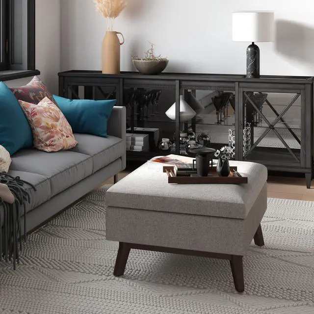 Alt view image 2 of 7 - SIMPLIHOME Owen 34 inch Wide Mid Century Modern Rectangle Coffee Table Storage Ottoman in Cloud Grey Polyester Fabric, Assembled, For the Living Room, Entryway and Family Room