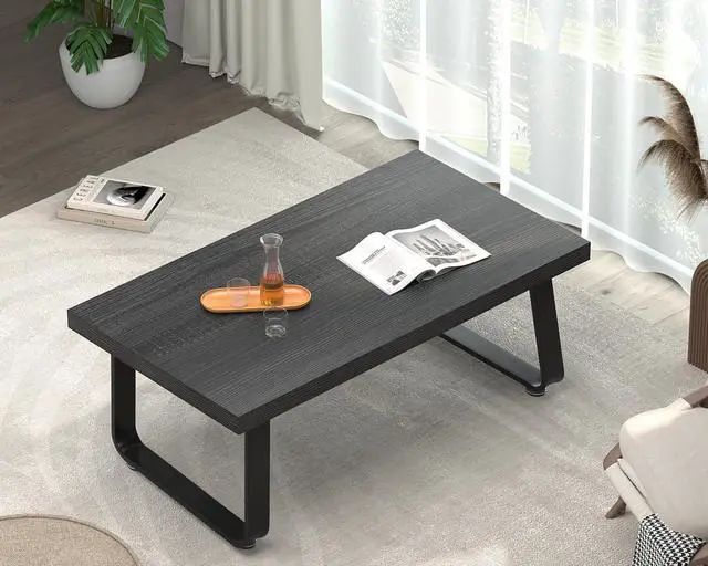 Alt view image 5 of 7 - HSH Industrial Grey Coffee Table, Rustic Wood and Metal Living Room Table, Modern Minimalist Rectangle Oak Center Table, Farmhouse Cocktail Tea Table for Home Bedroom Kitchen, Dark Gray Oak, 39 Inch