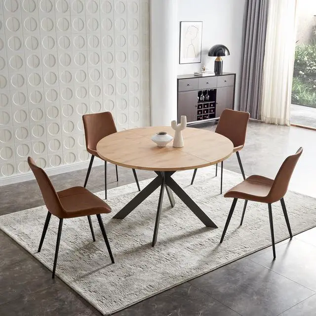 Main image of 46.4" Round Dining Table Set, Mid Century Modern Round Dining Table for 4-6 Person, w/Steel Legs, Coffee Table for Kitchen Dining Room, Office, Save Space (1 Table with 4 Brown Chairs)