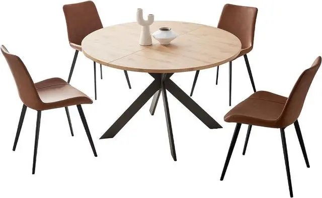 Alt view image 3 of 6 - 46.4" Round Dining Table Set, Mid Century Modern Round Dining Table for 4-6 Person, w/Steel Legs, Coffee Table for Kitchen Dining Room, Office, Save Space (1 Table with 4 Brown Chairs)