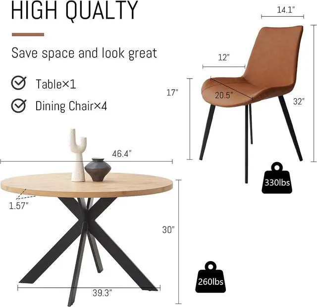 Alt view image 2 of 6 - 46.4" Round Dining Table Set, Mid Century Modern Round Dining Table for 4-6 Person, w/Steel Legs, Coffee Table for Kitchen Dining Room, Office, Save Space (1 Table with 4 Brown Chairs)