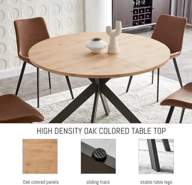 Alt view image 4 of 6 - 46.4" Round Dining Table Set, Mid Century Modern Round Dining Table for 4-6 Person, w/Steel Legs, Coffee Table for Kitchen Dining Room, Office, Save Space (1 Table with 4 Brown Chairs)
