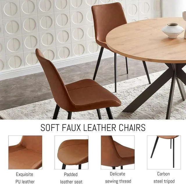 Alt view image 5 of 6 - 46.4" Round Dining Table Set, Mid Century Modern Round Dining Table for 4-6 Person, w/Steel Legs, Coffee Table for Kitchen Dining Room, Office, Save Space (1 Table with 4 Brown Chairs)
