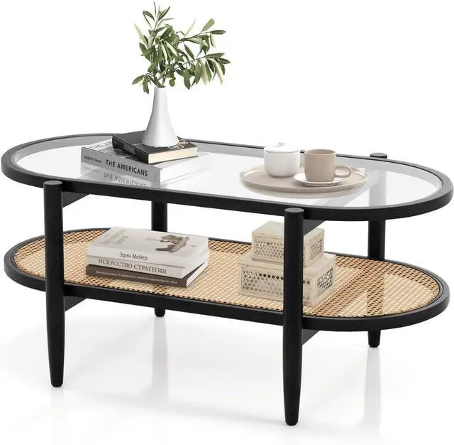 Main image of Tangkula Rattan Coffee Table, 40L Boho Oval Acacia Wood Cocktail Table with Tempered Glass Tabletop & PE Rattan Storage Shelf, 2-Tier Tea Center Table for Living Room Office Reception (Boho, Black)