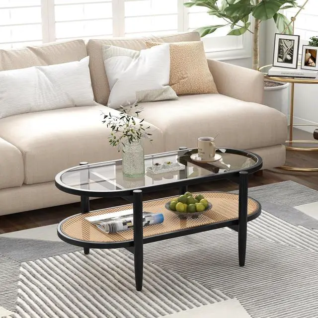 Alt view image 2 of 7 - Tangkula Rattan Coffee Table, 40L Boho Oval Acacia Wood Cocktail Table with Tempered Glass Tabletop & PE Rattan Storage Shelf, 2-Tier Tea Center Table for Living Room Office Reception (Boho, Black)