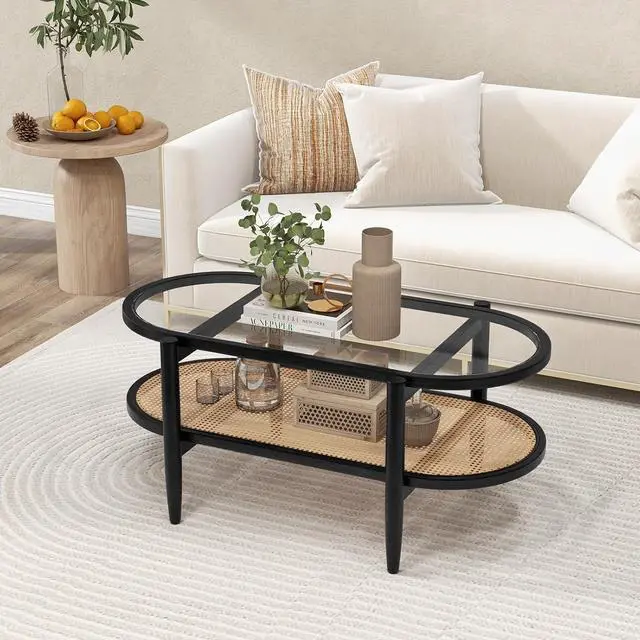Alt view image 4 of 7 - Tangkula Rattan Coffee Table, 40L Boho Oval Acacia Wood Cocktail Table with Tempered Glass Tabletop & PE Rattan Storage Shelf, 2-Tier Tea Center Table for Living Room Office Reception (Boho, Black)