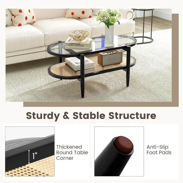 Alt view image 5 of 7 - Tangkula Rattan Coffee Table, 40L Boho Oval Acacia Wood Cocktail Table with Tempered Glass Tabletop & PE Rattan Storage Shelf, 2-Tier Tea Center Table for Living Room Office Reception (Boho, Black)