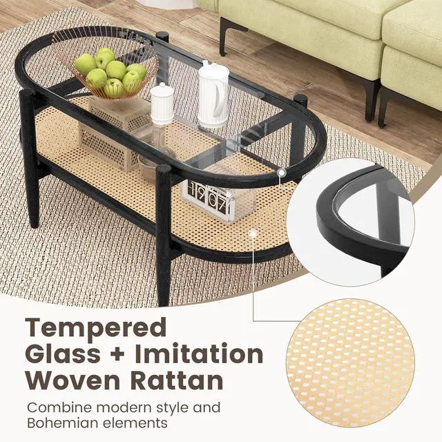 Alt view image 6 of 7 - Tangkula Rattan Coffee Table, 40L Boho Oval Acacia Wood Cocktail Table with Tempered Glass Tabletop & PE Rattan Storage Shelf, 2-Tier Tea Center Table for Living Room Office Reception (Boho, Black)