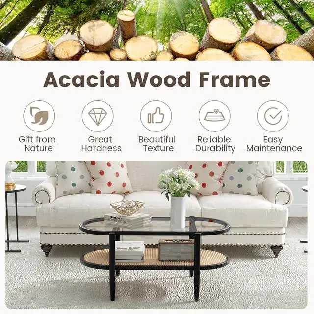 Alt view image 7 of 7 - Tangkula Rattan Coffee Table, 40L Boho Oval Acacia Wood Cocktail Table with Tempered Glass Tabletop & PE Rattan Storage Shelf, 2-Tier Tea Center Table for Living Room Office Reception (Boho, Black)