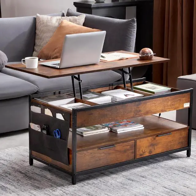 Alt view image 2 of 7 - VEVOR Lift Top Coffee Table, 39.4 in Rectangle Coffee Table with Extra Storage Pockets, Pop Up Coffee Table with Power Strip & USB & Ambient Lighting for Living Room, Brown