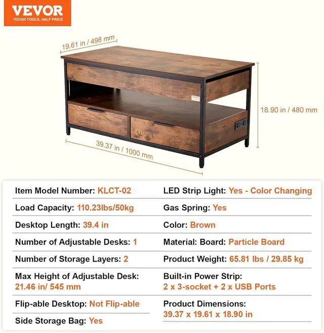 Alt view image 3 of 7 - VEVOR Lift Top Coffee Table, 39.4 in Rectangle Coffee Table with Extra Storage Pockets, Pop Up Coffee Table with Power Strip & USB & Ambient Lighting for Living Room, Brown