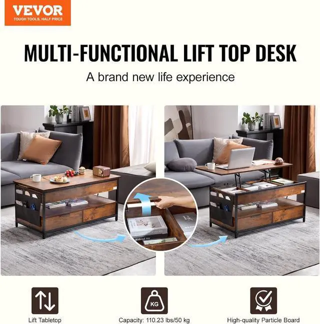 Alt view image 4 of 7 - VEVOR Lift Top Coffee Table, 39.4 in Rectangle Coffee Table with Extra Storage Pockets, Pop Up Coffee Table with Power Strip & USB & Ambient Lighting for Living Room, Brown