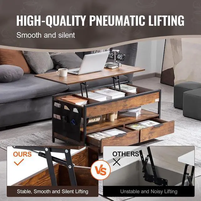 Alt view image 5 of 7 - VEVOR Lift Top Coffee Table, 39.4 in Rectangle Coffee Table with Extra Storage Pockets, Pop Up Coffee Table with Power Strip & USB & Ambient Lighting for Living Room, Brown