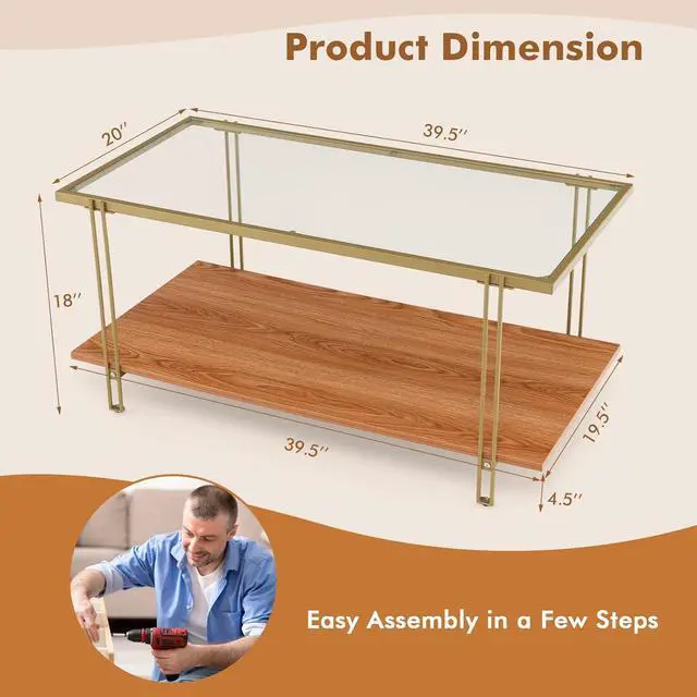 Alt view image 2 of 7 - Tangkula Glass Coffee Table, 40In Mid Century 2 Tier Rectangle Coffee Table, Tempered Glass Top & Wood Storage Shelf, Steel Frame, Adjustable Feet, Modern Cocktail Accent Table for Living Room (Gold)