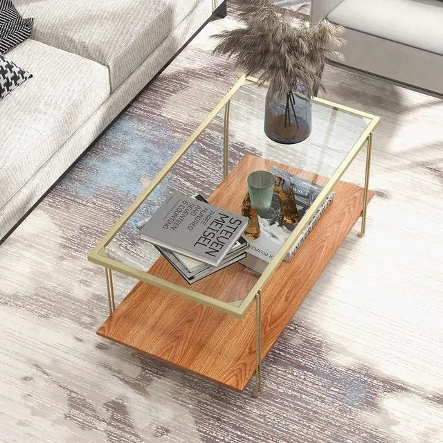Alt view image 3 of 7 - Tangkula Glass Coffee Table, 40In Mid Century 2 Tier Rectangle Coffee Table, Tempered Glass Top & Wood Storage Shelf, Steel Frame, Adjustable Feet, Modern Cocktail Accent Table for Living Room (Gold)
