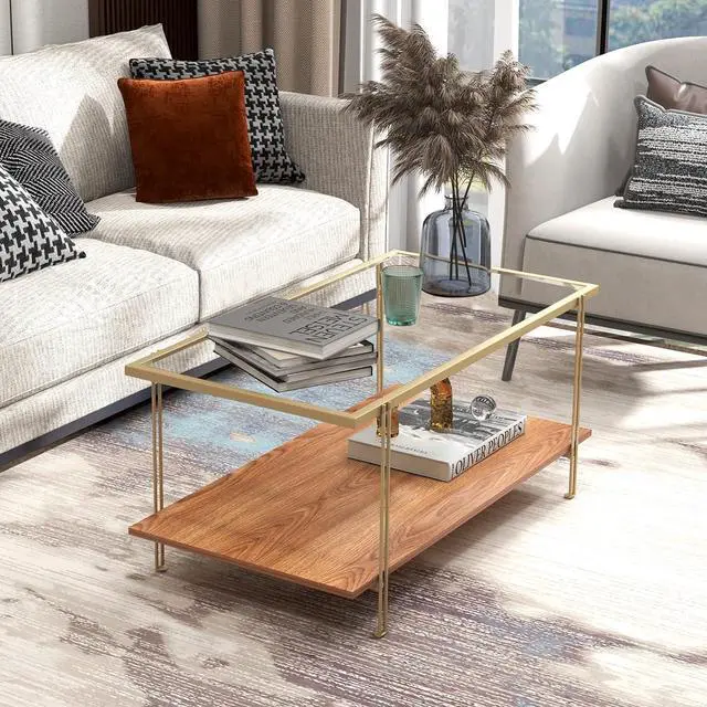 Alt view image 4 of 7 - Tangkula Glass Coffee Table, 40In Mid Century 2 Tier Rectangle Coffee Table, Tempered Glass Top & Wood Storage Shelf, Steel Frame, Adjustable Feet, Modern Cocktail Accent Table for Living Room (Gold)
