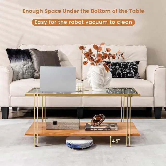 Alt view image 5 of 7 - Tangkula Glass Coffee Table, 40In Mid Century 2 Tier Rectangle Coffee Table, Tempered Glass Top & Wood Storage Shelf, Steel Frame, Adjustable Feet, Modern Cocktail Accent Table for Living Room (Gold)
