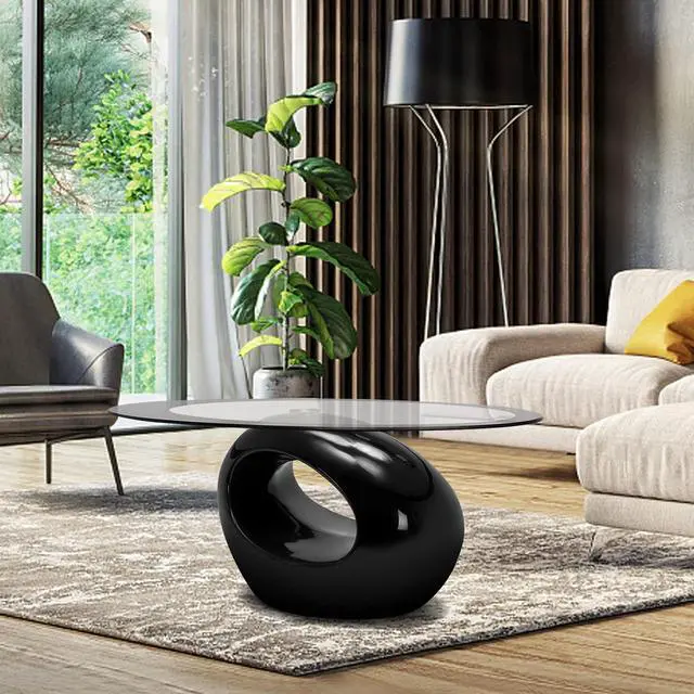 Alt view image 2 of 7 - COSVALVE Oval Glass Coffee Table with High Gloss Hollow Base & Tempered Glass Top, Side Table for Living Room, Sitting Room, Black Unique Coffee Table