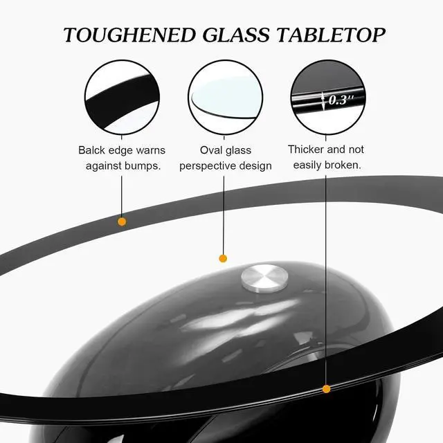 Alt view image 4 of 7 - COSVALVE Oval Glass Coffee Table with High Gloss Hollow Base & Tempered Glass Top, Side Table for Living Room, Sitting Room, Black Unique Coffee Table